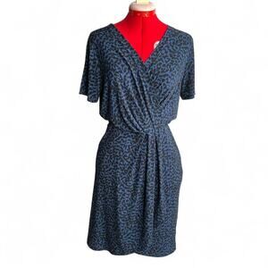 Banana Republic Blue Leopard Print Faux Wrap Dress Small Petite